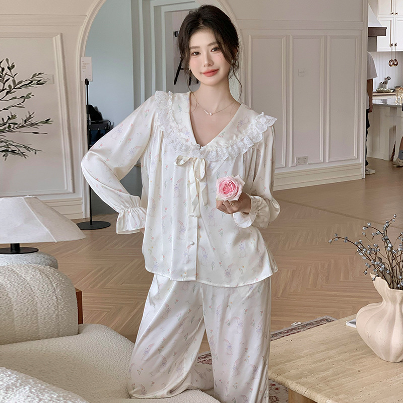 B652-French pajamas women's long-sleeved trousers sweet princess style ice silk suit autumn pajamas home clothes can be worn outside
