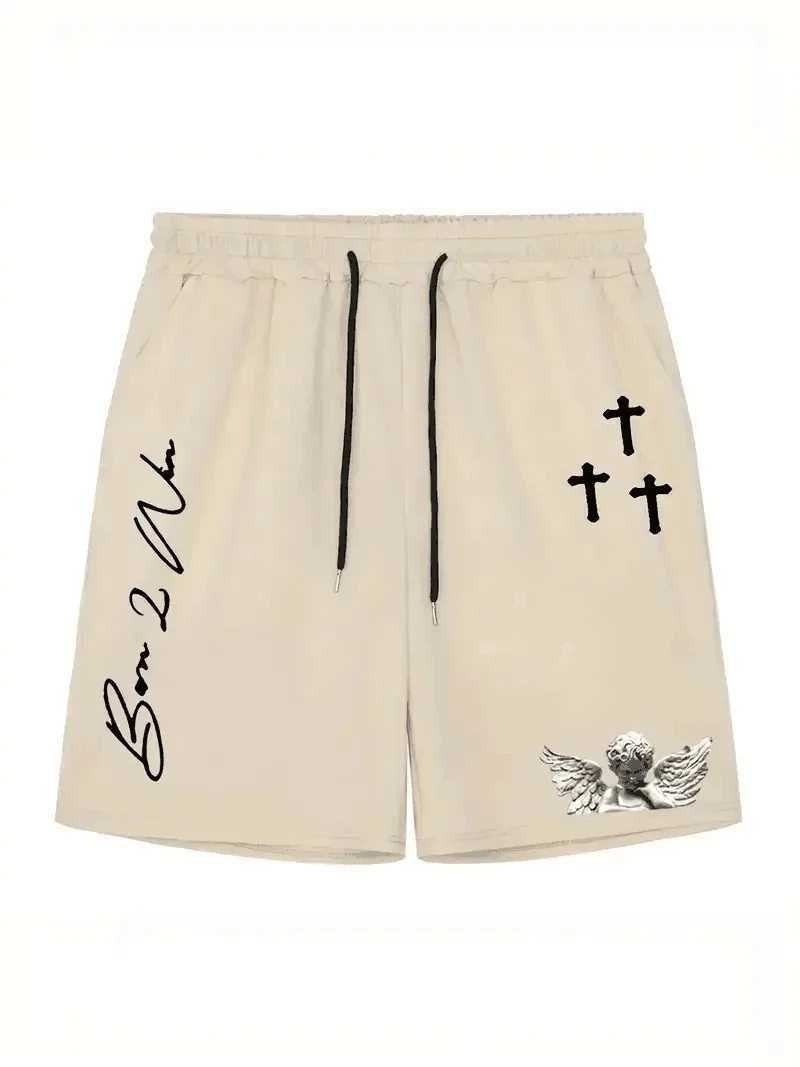 2024 Summer Mens Street Casual Shorts Angel Graphic Printed 100% Cotton Shorts Sports Breathable Mens Outdoor Five-Point PantsXJ250114