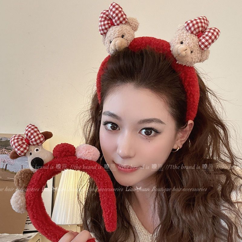 Cute plush bow teddy bear headband for women's face washing anti slip headband new wide edge cartoon decoration headband