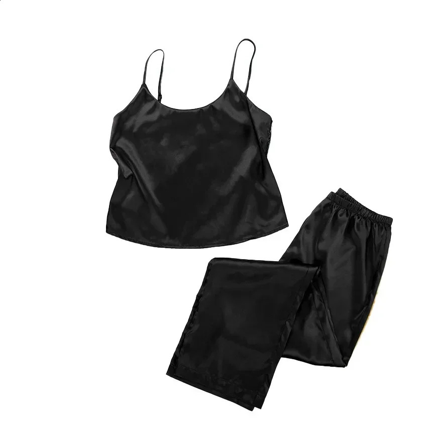 Springsummer European and American Thin Womens Pajama Set with Simulated Silk Satin Face Black Lace Sling Pants Home Fury 250106