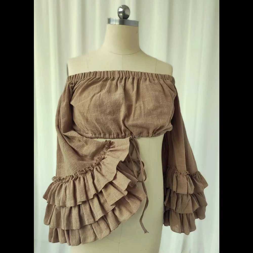 Linen cotton pleated lace long sleeved shoulder two-piece set photo shoot for women Bohemian chiffon dress W250113