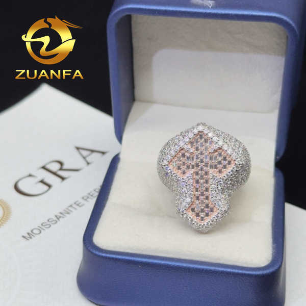 Custom Jewelry 18k rose gold Plated Iced Out Vvs Baguette Moissanite Ring for men Cross Hip Hop Ring 925 Sterling Silver
