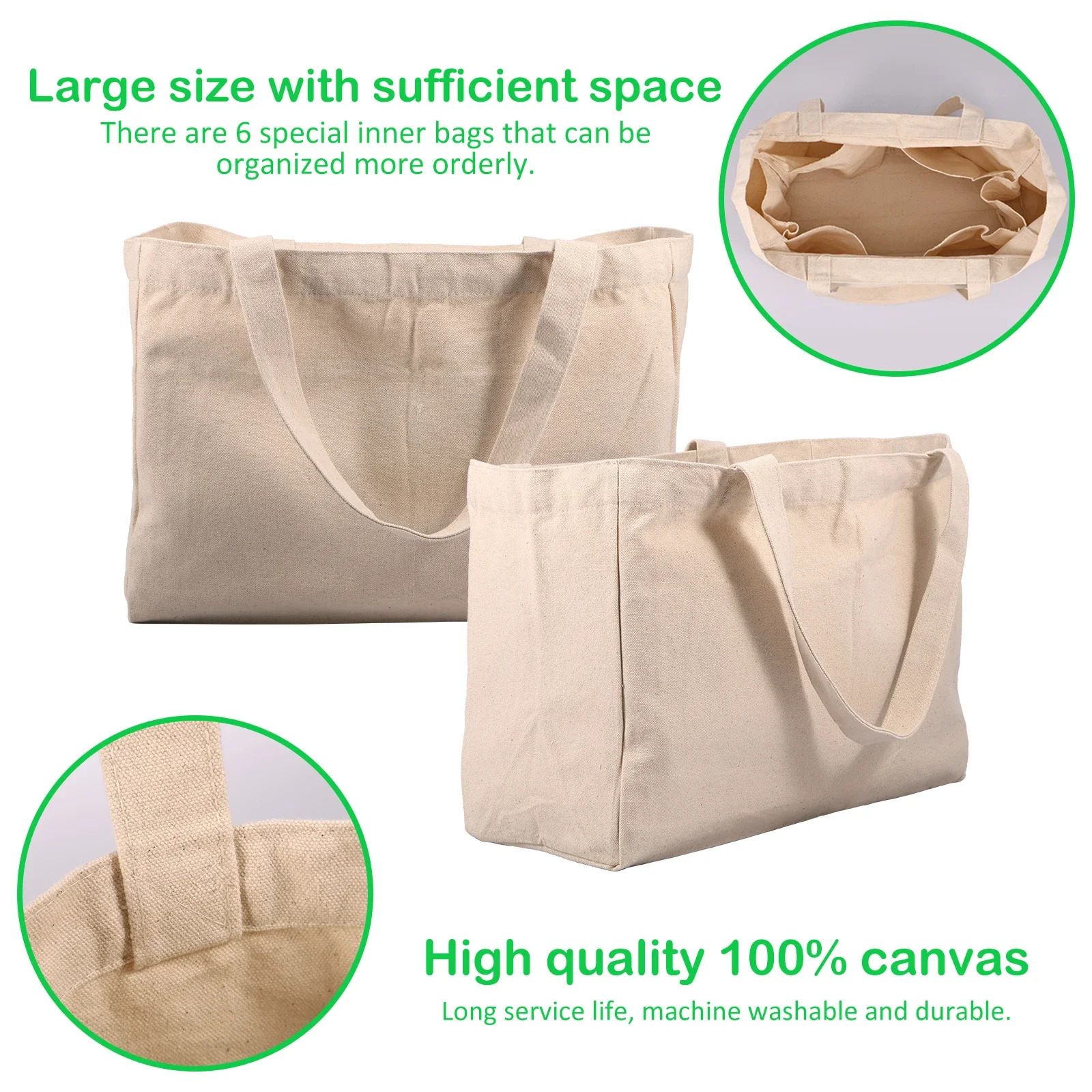 3Pcs Canvas Grocery Bag Large Capacity Grocery Shopping Bags Heavy Duty Reusable Grocery Tote Bags with 6 Inner Pockets250114ww