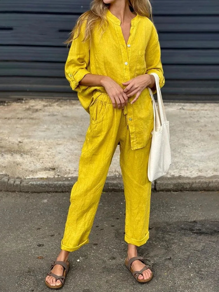 Womens Cotton Linen Solid Color Two-piece Sets 2024 Spring Autumn Fashion V Neck Top Elastic Waist Loose Wide Leg Pants Set 250107