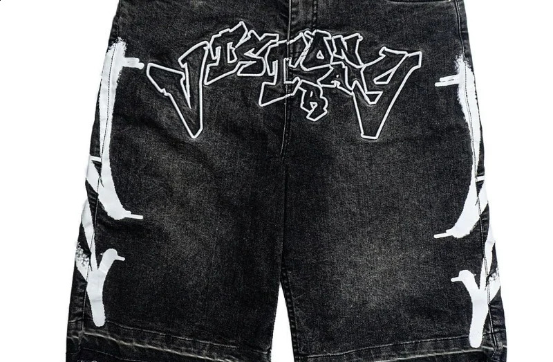 Harajuku Letter Embroidery Black Jeans for Men Hip Hop Vintage Baggy Shorts Casual Gym Denim Streetwear 250120