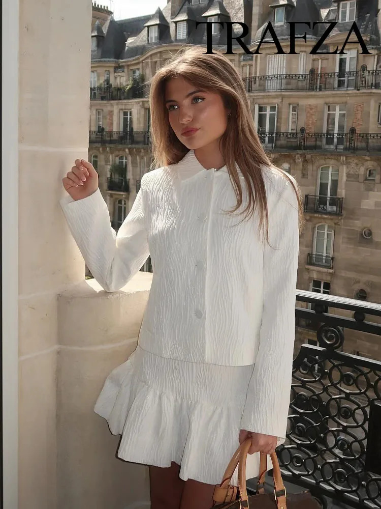 TRAFZA Spring Fashion Women Suit White Turn-Down Collar Long Sleeves Pocket Single Breasted BlazerHigh Waist Zipper Mini Skirts 250109