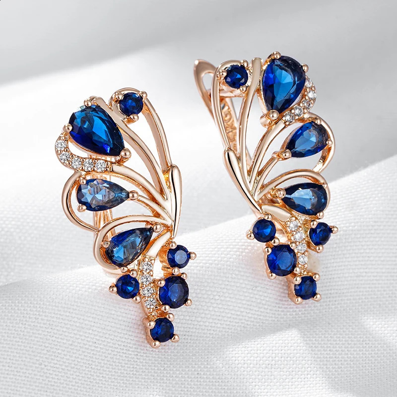 Wbmqda Blue Crystal Flower Drop Earrings for Women 585 Rose Gold Colorful Ethnic Wedding Party Exquisite Zircon Jewelry 250110