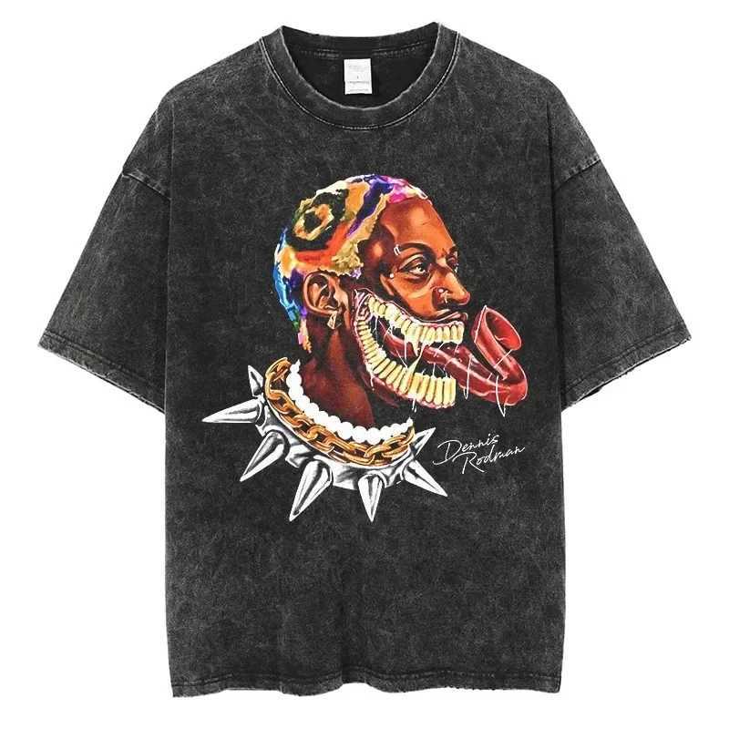 Men's T-Shirts Men Clothing Cotton Vintage Washed T-shirt Dennis Rodman Graphic T Shirt Oversized Summer Fashion Hip Hop Streetwear Tees J240111