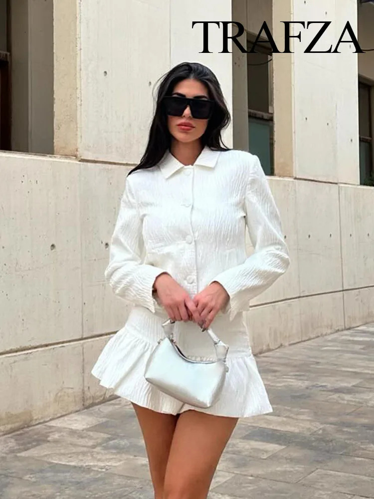 TRAFZA Spring Fashion Women Suit White Turn-Down Collar Long Sleeves Pocket Single Breasted BlazerHigh Waist Zipper Mini Skirts 250109