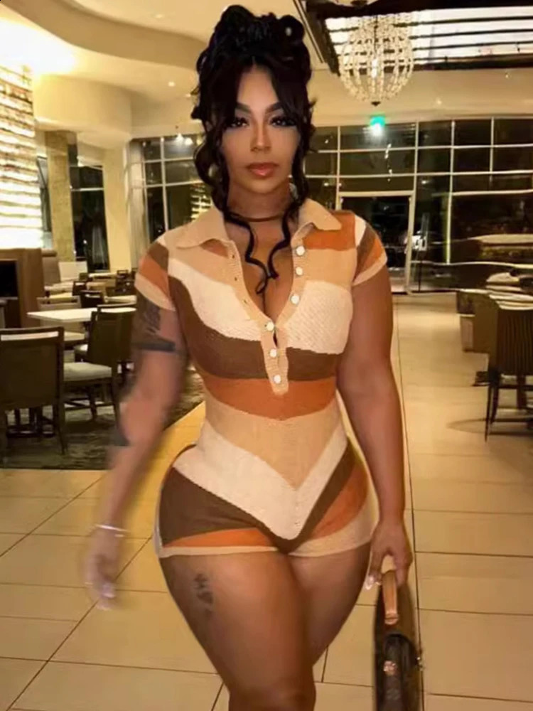 Strange cat irregular comparison jumpsuit womens knitted elastic polo neck single chest short sleeved tight jumpsuit 250109