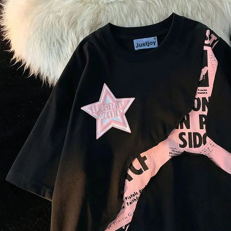 Y2k American retro hip-hop mens and womens trend and personalized splicing work round neck short sleeved casual T-shirt 250110