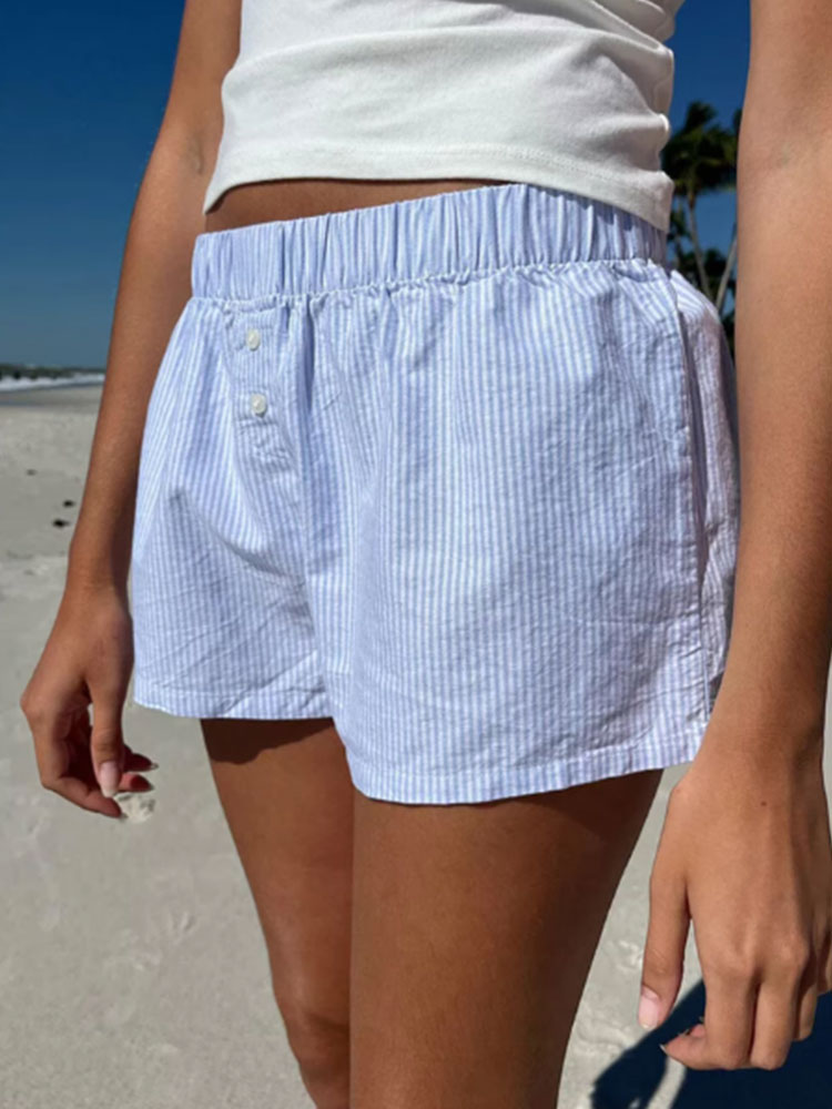 Casual Loose Stripe Button Details Summer Shorts Women Vacation Beach Outfits