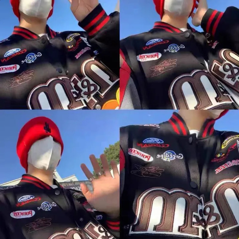 Y2k Streetwear Biker Jacket Men Women Embroidery Letter M Ms Chocolate Bean Baseball Coat Loose Hip Hop Harajuku Racing Outwear 250110