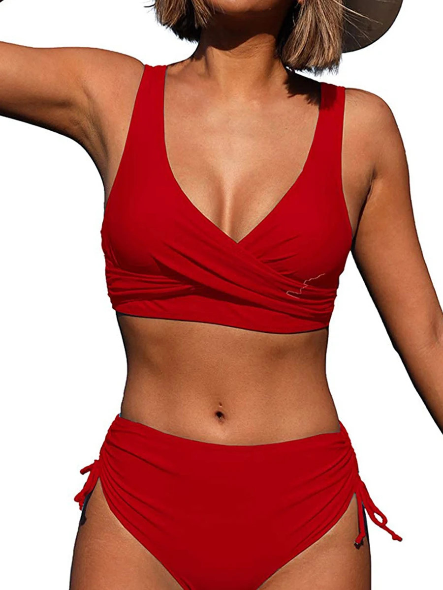 Drawstring High Waist Bikini Women Solid Swimwear Female Cross Front Swimsuit Padded Beachwear Bather Bathing Swimming Suit 250113