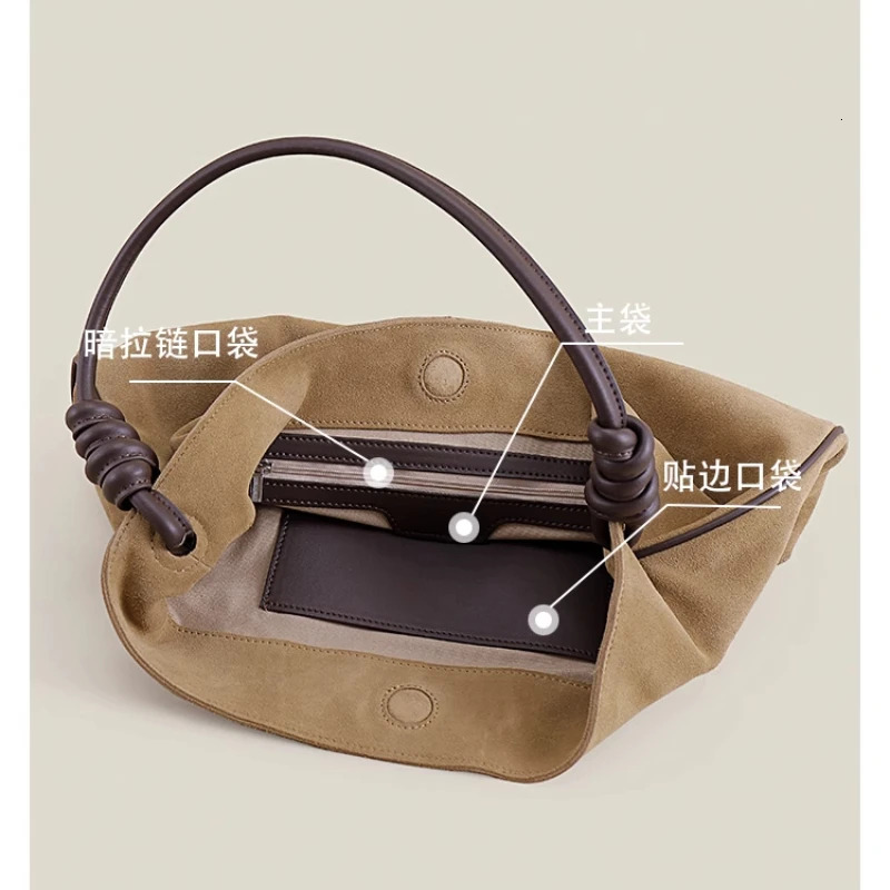 New 2025 Winter Matte Kakhi Color Women Tote Soft Thick Cow Suede Leather Female Shoulder Bag Large Round Rope Handle Handbag