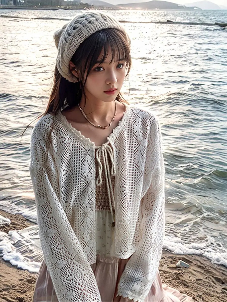 Sweet Fragmented Flower Splicing Sling Dress Holiday Style Dress Set Womens Hollow Short Open Woolen Sweater Two Piece Set Womens Dress 250109