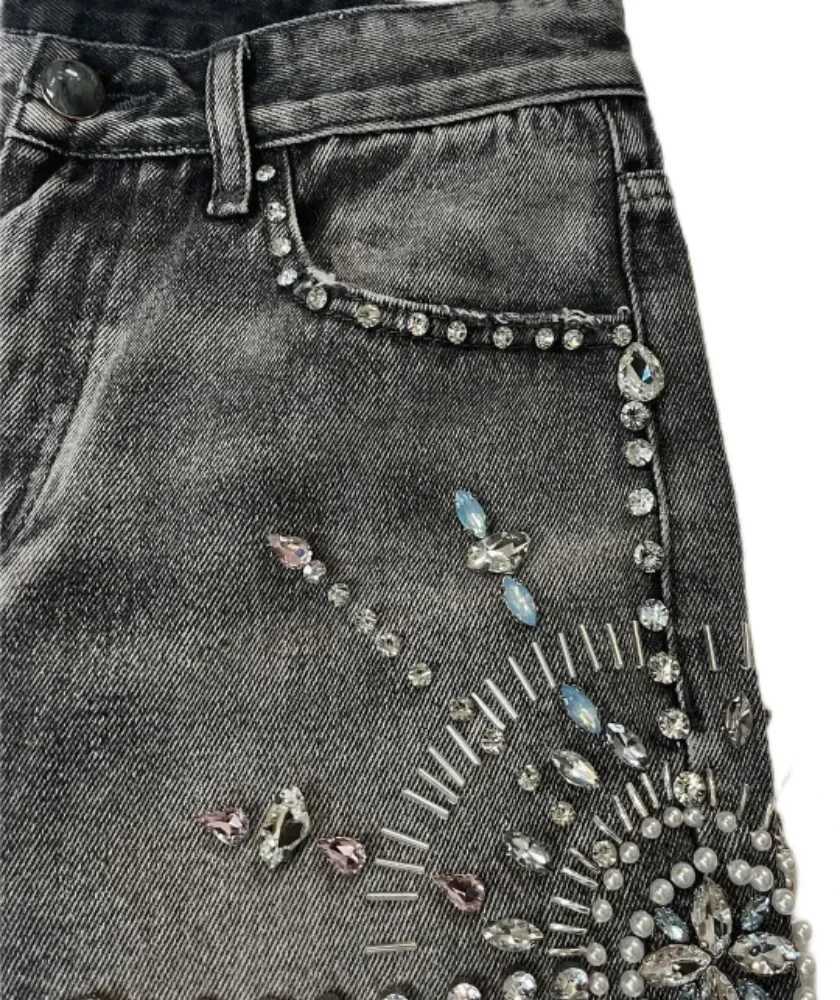 American retro new style diamond-encrusted black denim shorts slim fit wide-footed y2k denim shorts sports shorts streetwearXJ250114