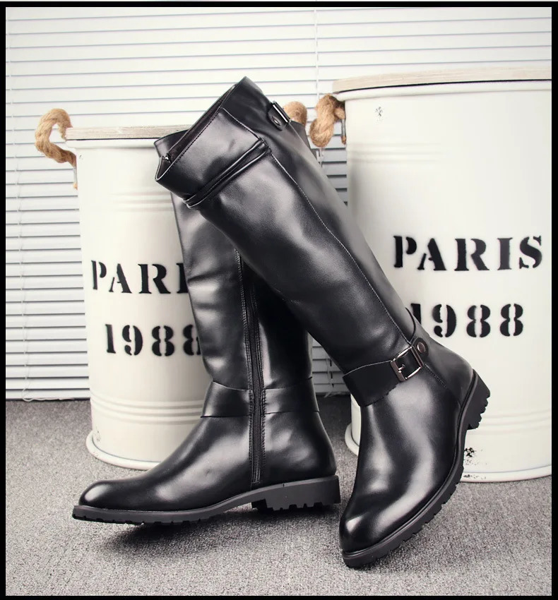 British Mens Black Leather Knee High Boots er Zip Long Motorcycle Shoes Antique Cosplay Stage Botas Casual Comfort Zapatos 250106