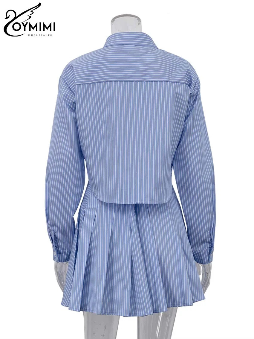 Oymimi Elegant Blue Striped Print Sets For Women 2 Pieces Fashion Long Sleeve Button Crop Tops And High Waist Pleated Skirts Set 250109
