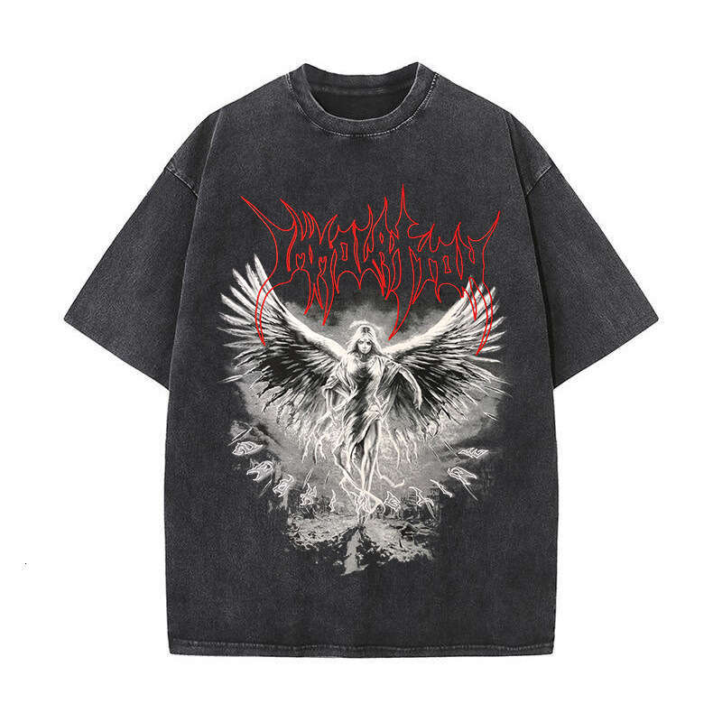 230g distressed washed T-shirt with American street print round neck trendy cotton off shoulder short sleeved shirt