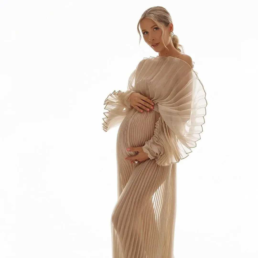 Fashion Sheers new pleated organic maternity gown for Photosoot pregnant women and baby shower gown YEWEN W250113