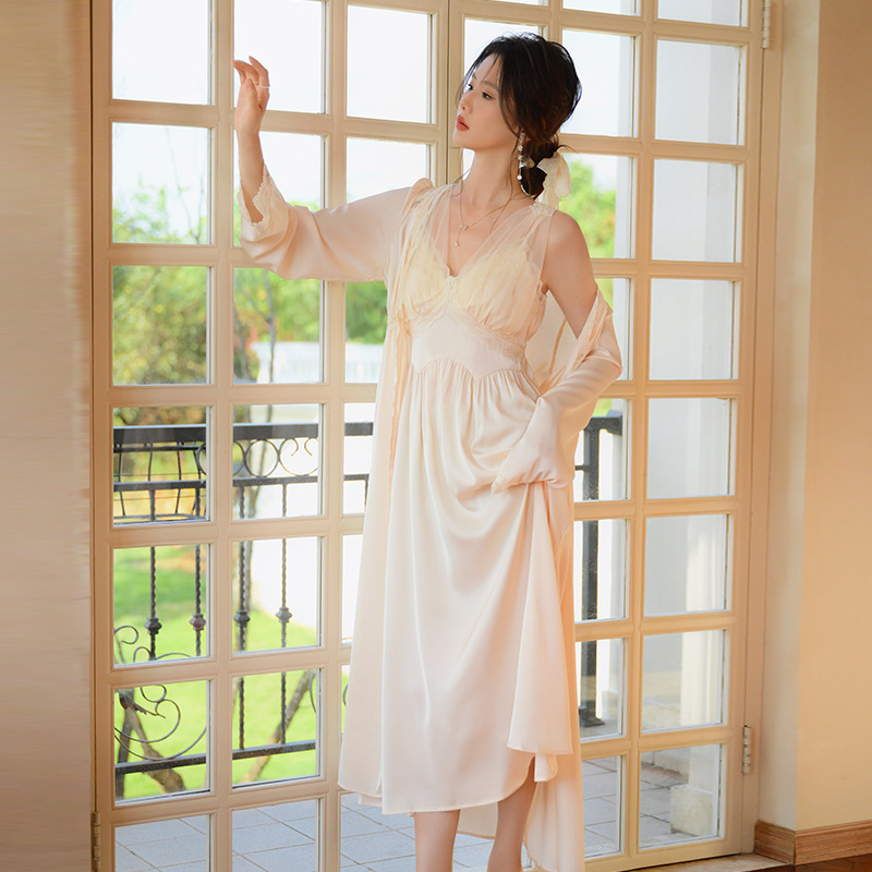 B651-French sexy pajamas for women 2024 autumn style ice silk sling nightgown lace pure desire style home clothes can be worn outside