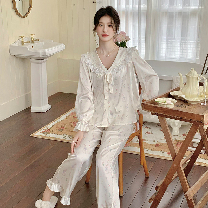 B652-French pajamas women's long-sleeved trousers sweet princess style ice silk suit autumn pajamas home clothes can be worn outside