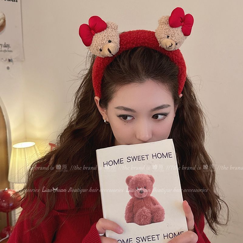 Cute plush bow teddy bear headband for women's face washing anti slip headband new wide edge cartoon decoration headband