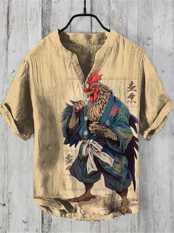 Spring/Summer Mens Shirt Stand Alone Casual Fish Pattern Hawaiian Style Shirt Mens Top 100% Linen W250114