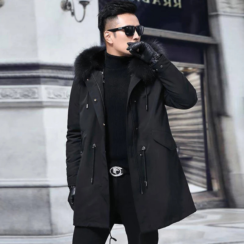 Winter Trendy Men High Quality Faux Fur Liner Parka Elegant Hair Hooded Long Coat Fashion Jackets 250107