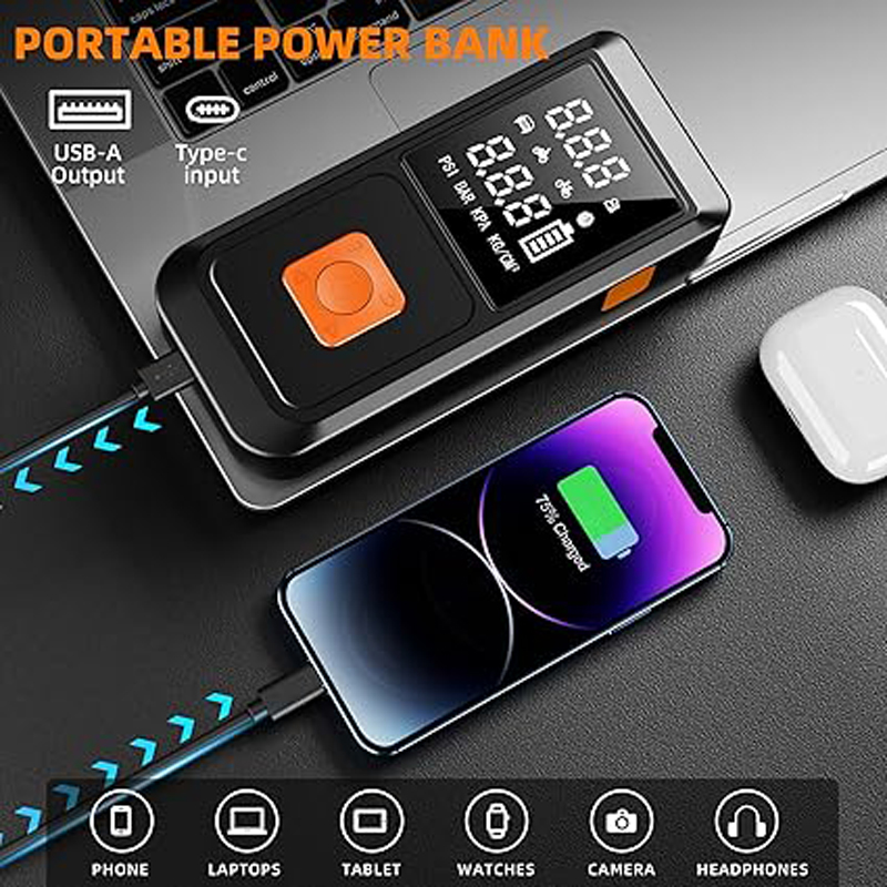 Portable car battery jump starter, 4000A 12V with air compressor and 150PSI tire inflator, car battery pack jump box tire pump with LCD display screen