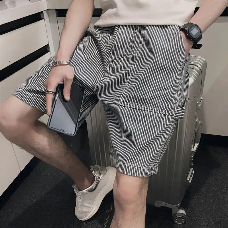 2024 Summer Mens Clothing Denim Shorts Striped Pants Leisure Time Easy Button Mid Waist Zipper Fashion Trend Allmatch 250103