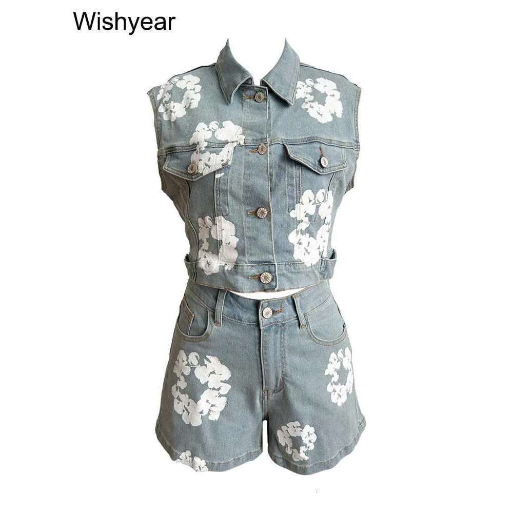 Sexy Woman Ral Printed Sleeveless Crop Tops And Shorts Two 2 Pieces Stretch Denim Night Club Birthday Jean Matching Sets Y2k