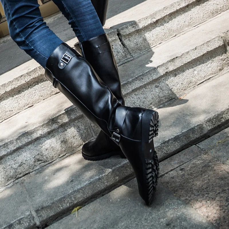 British Mens Black Leather Knee High Boots er Zip Long Motorcycle Shoes Antique Cosplay Stage Botas Casual Comfort Zapatos 250106