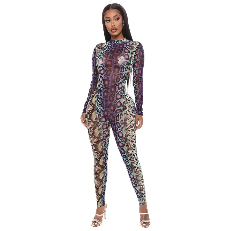 A9J Snake Pattern Long Sleeve Womens Bodysuit Integrated Trousers European and American Cross-border Summer Arrival 250107