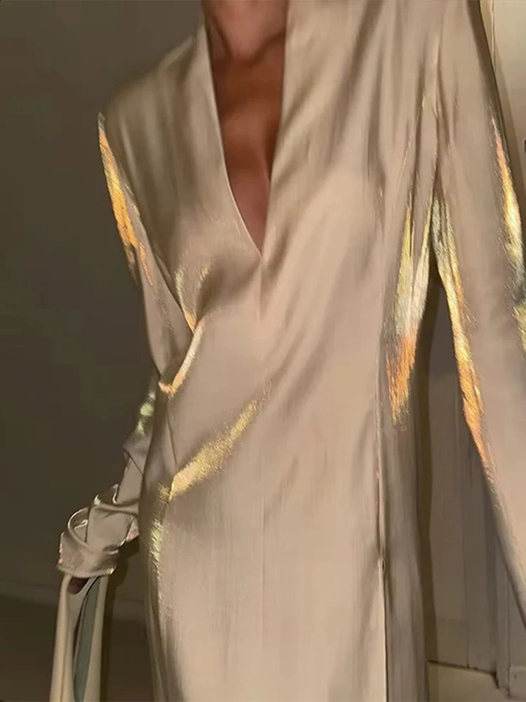 Fashion Solid V Neck Lady Dresses Full Sleeve Straight Women Dress 2025 Elegant Sexy Spring Beach Split Female Maxi Vestidos 250110