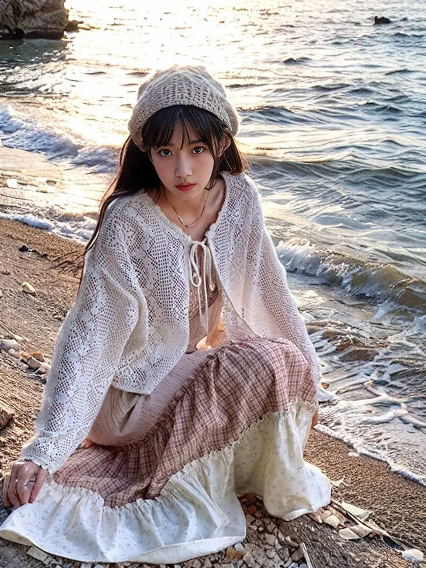 Sweet Fragmented Flower Splicing Sling Dress Holiday Style Dress Set Womens Hollow Short Open Woolen Sweater Two Piece Set Womens Dress 250109