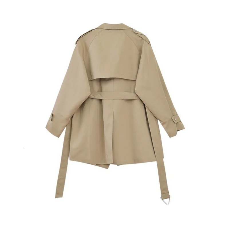 2024 Autumn Women Khaki Short Trench Coat With Sashes High Quality Loose Casual Lapel Long Sleeve Female Windbreaker Outwear 250102