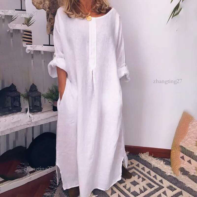 Women's Cotton Linen Oversized Maxi Dress White Pockets O-Neck Solid Long Dresses Spring Summer 2020 Fashion Loose Clothes Woman T200415