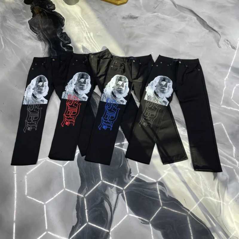 Ins New Net Red Design Personty Printing Wide Leg Pants Men Women Black Straight Jeans Winter Loose High Strt Casual Jeans X250113
