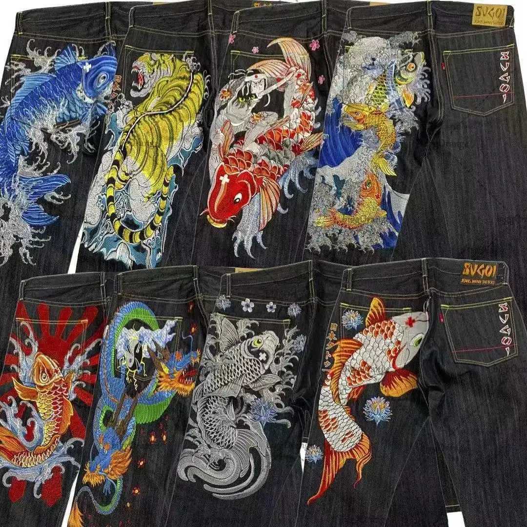 Japanese retro personalized printed high-waisted jeans for couples with large pockets for street wear Y2K denim trousersXJ250113