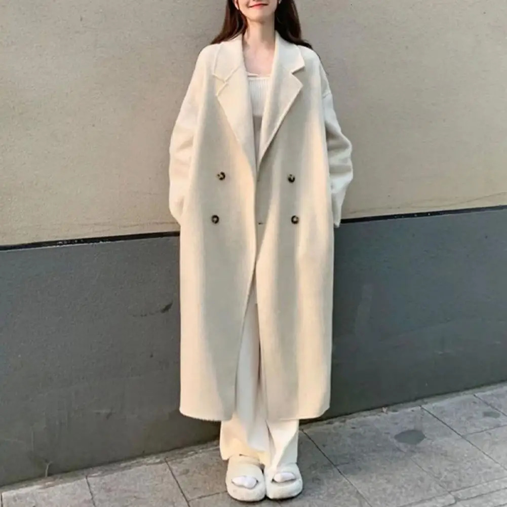 Women Loose Jacket Doublebreasted Mid Length Trench Coat for Windproof Warm Overcoat with Lapel Pockets Fall Winter 250102Z