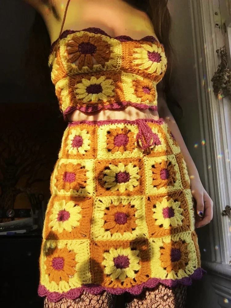Gypsylady vintage crochet dress set Bohemian cut top mini skirt 2-piece set handmade summer chic square pattern sexy set 250109