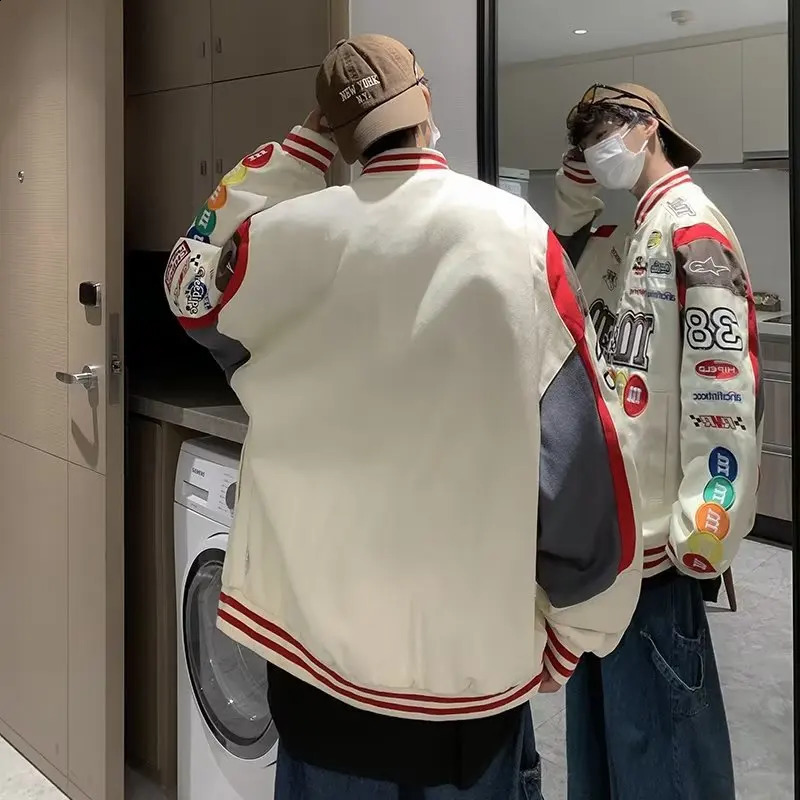 Y2k Streetwear Biker Jacket Men Women Embroidery Letter M Ms Chocolate Bean Baseball Coat Loose Hip Hop Harajuku Racing Outwear 250110