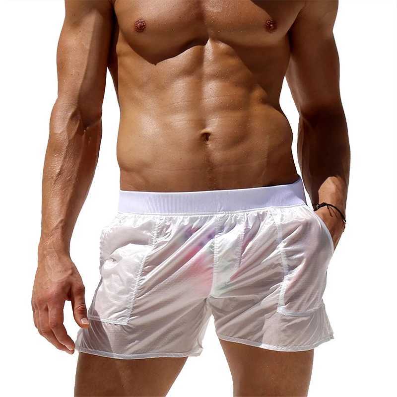 Mens solid swim trunks with elastic waist see through summer quick drying beach shorts low waist swimsuit with pockets W250114