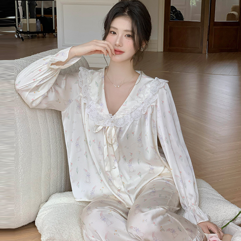B652-French pajamas women's long-sleeved trousers sweet princess style ice silk suit autumn pajamas home clothes can be worn outside