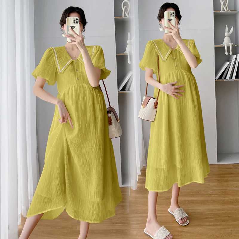 2025 Summer Fashion Pregnant Dress Plus Size Puff Sleeve Collar Chiffon Dress A-Line Pregnant Dress W250113