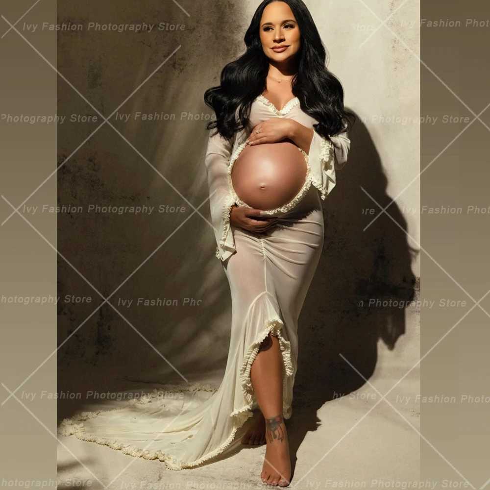 Pregnant womens dress photo shoot sexy transparent pleated pregnant womens abdomen hollow long sleeved baby shower dress W250113