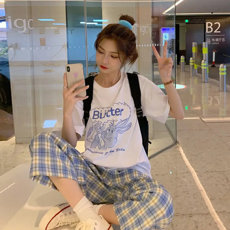 Spring Plaid Sports Casual Straight Pants Womens Korean Version Loose Wide Leg Trend 250106