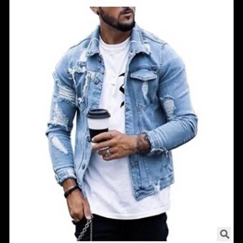 Japanese Style Spring and Autumn Standcollar Denim Jacket for Men Fashionable Allmatch with Ripped Washed n 250110